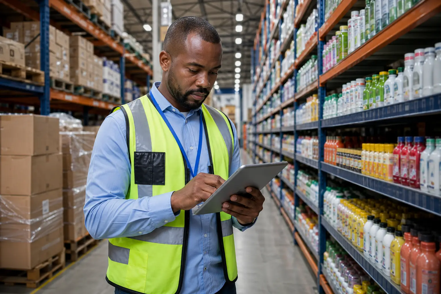 African supply-chain professional managing consumer-goods inventory in a warehouse