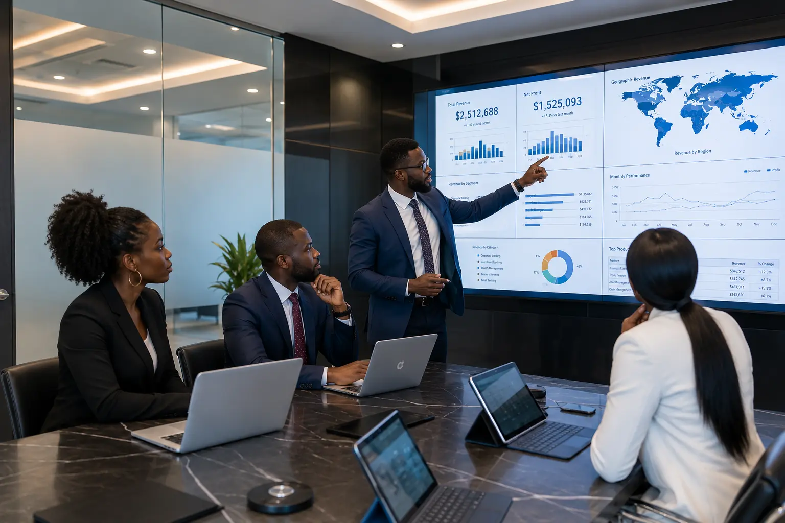 African financial professionals analysing business and customer performance data