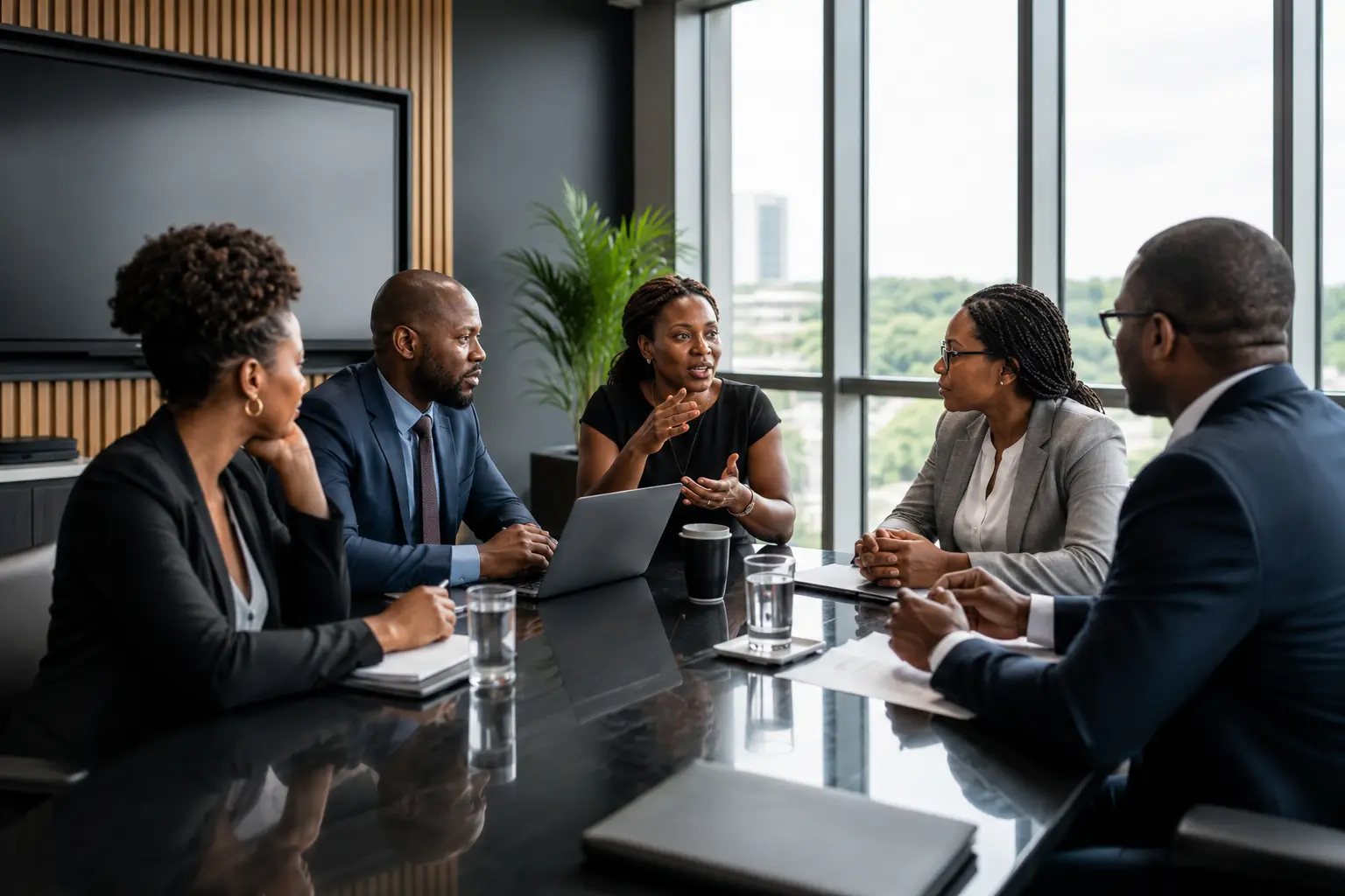 African professional-services team discussing client and business strategy