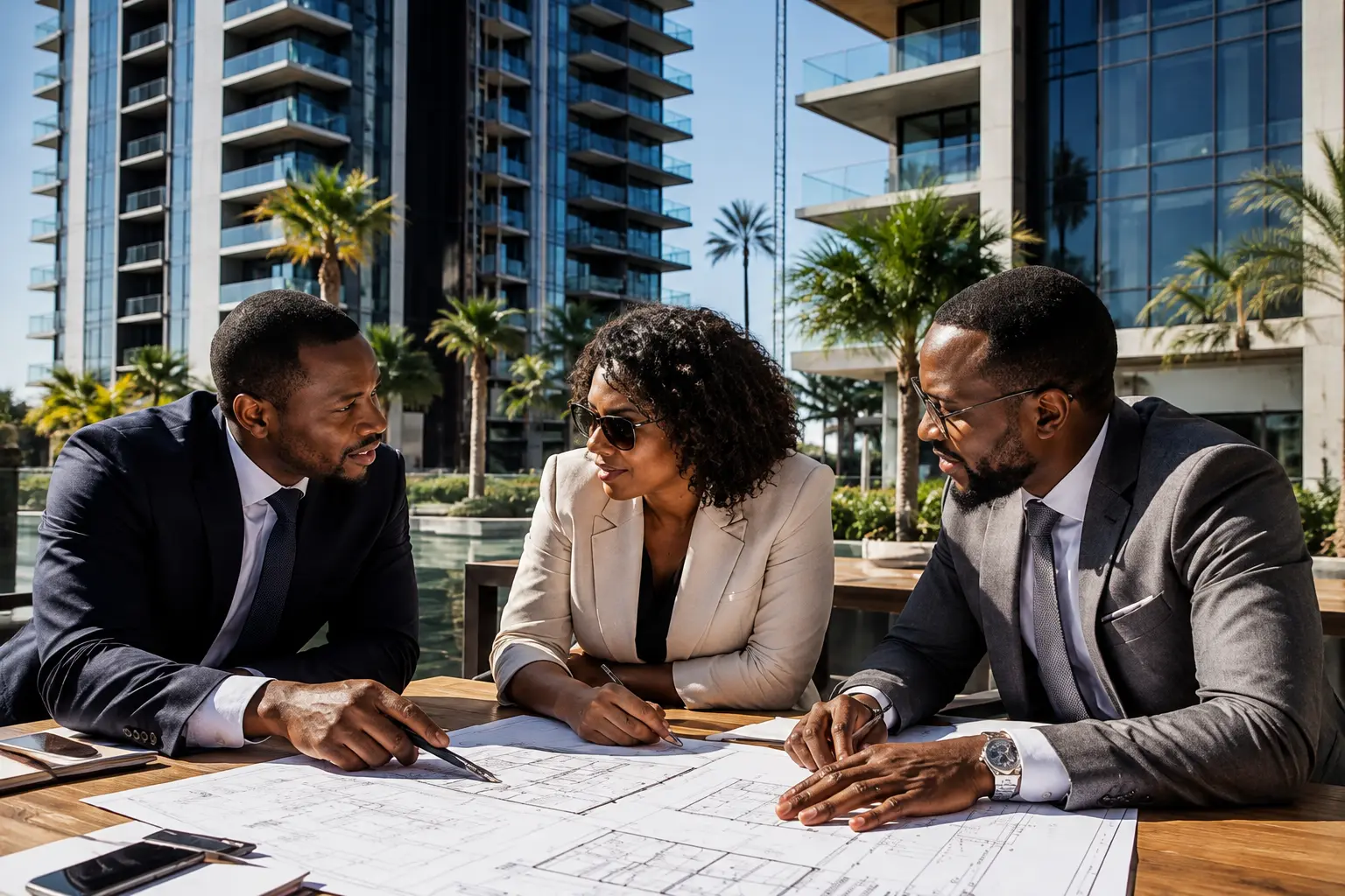 African real estate professionals reviewing plans for a property development