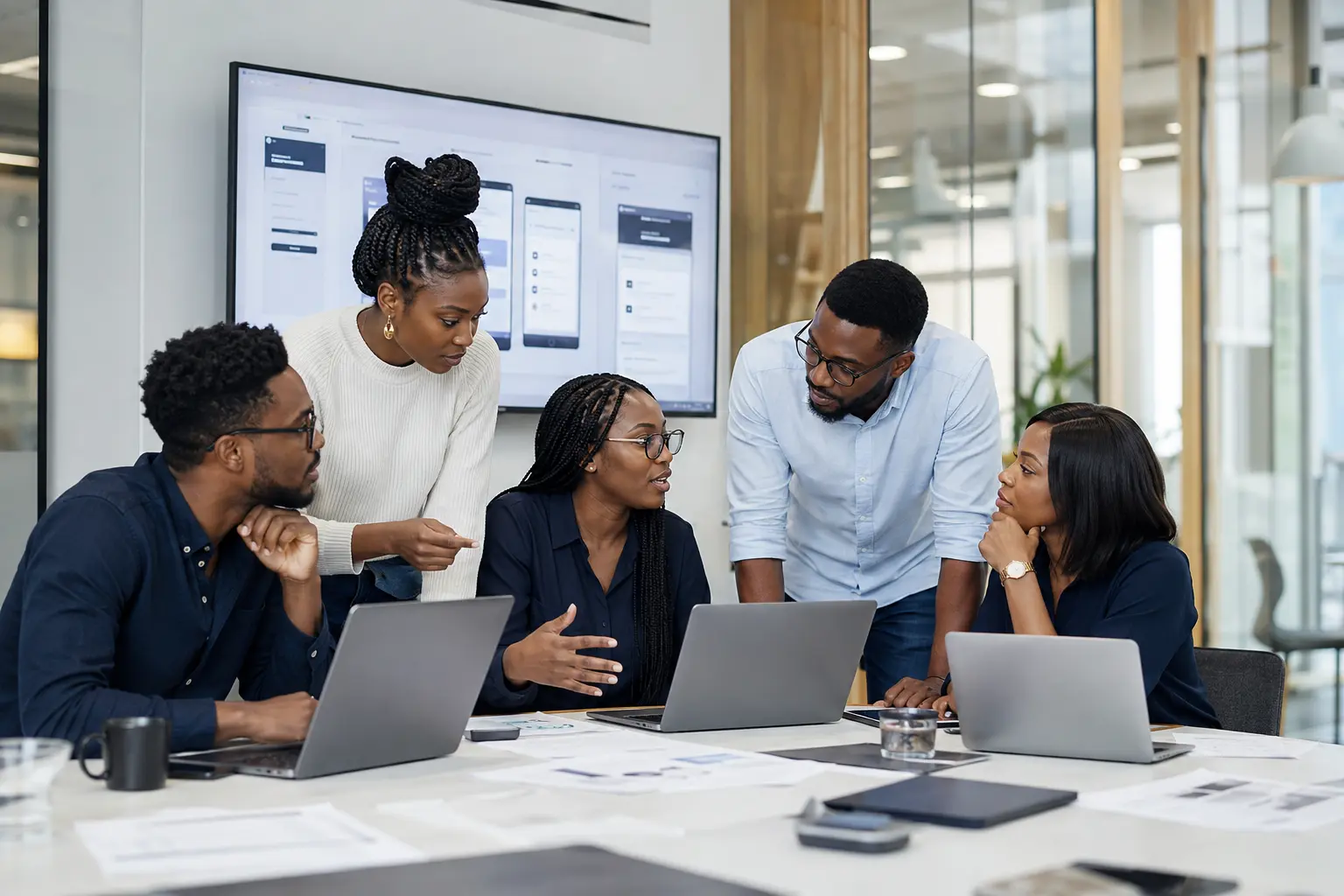African technology professionals collaborating in a modern digital workspace