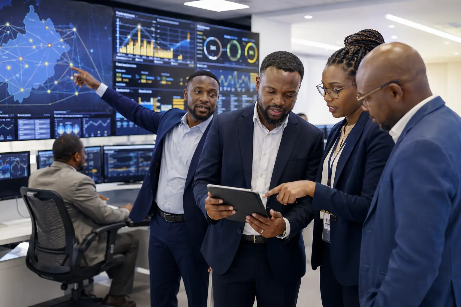 African telecommunications professionals monitoring network and business operations