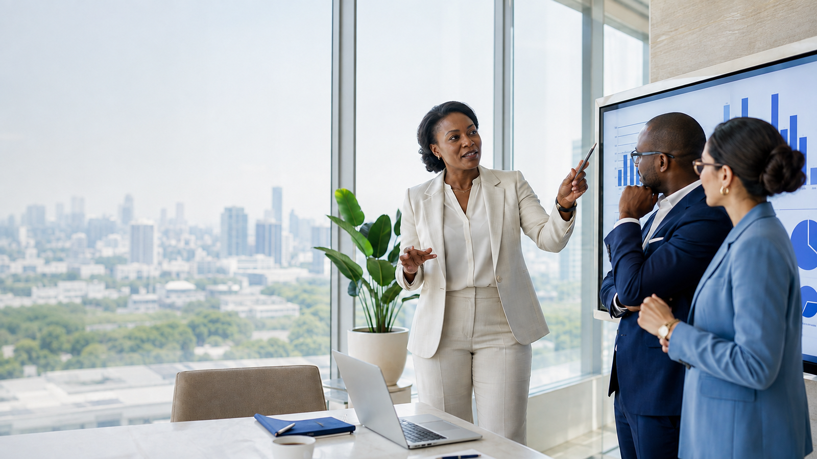 Vanora Partners advisor discussing performance data with two colleagues