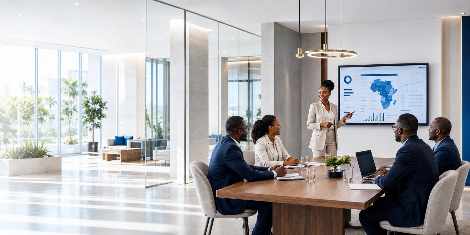Vanora Partners executive team reviewing a revenue dashboard in a boardroom
