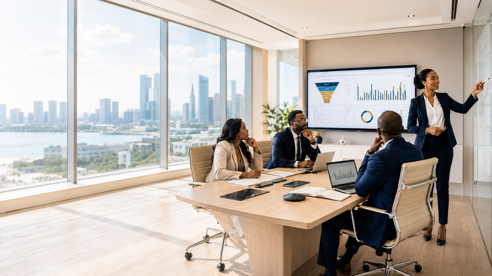 Vanora Partners consultant presenting a revenue funnel and performance dashboard to a boardroom